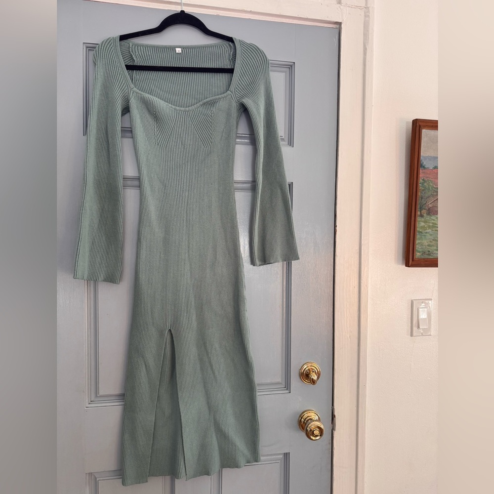 Long Sleeve Knit Midi Dress in Sage Green